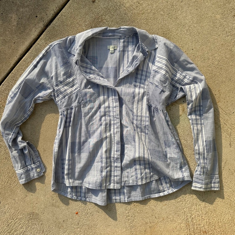 Odille Anthropologie Blue White Patchwork Striped Babydoll Button up Blouse XS 0